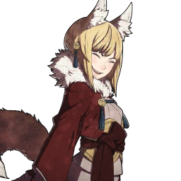 A portrait of Selkie grinning widely with her eyes closed.
